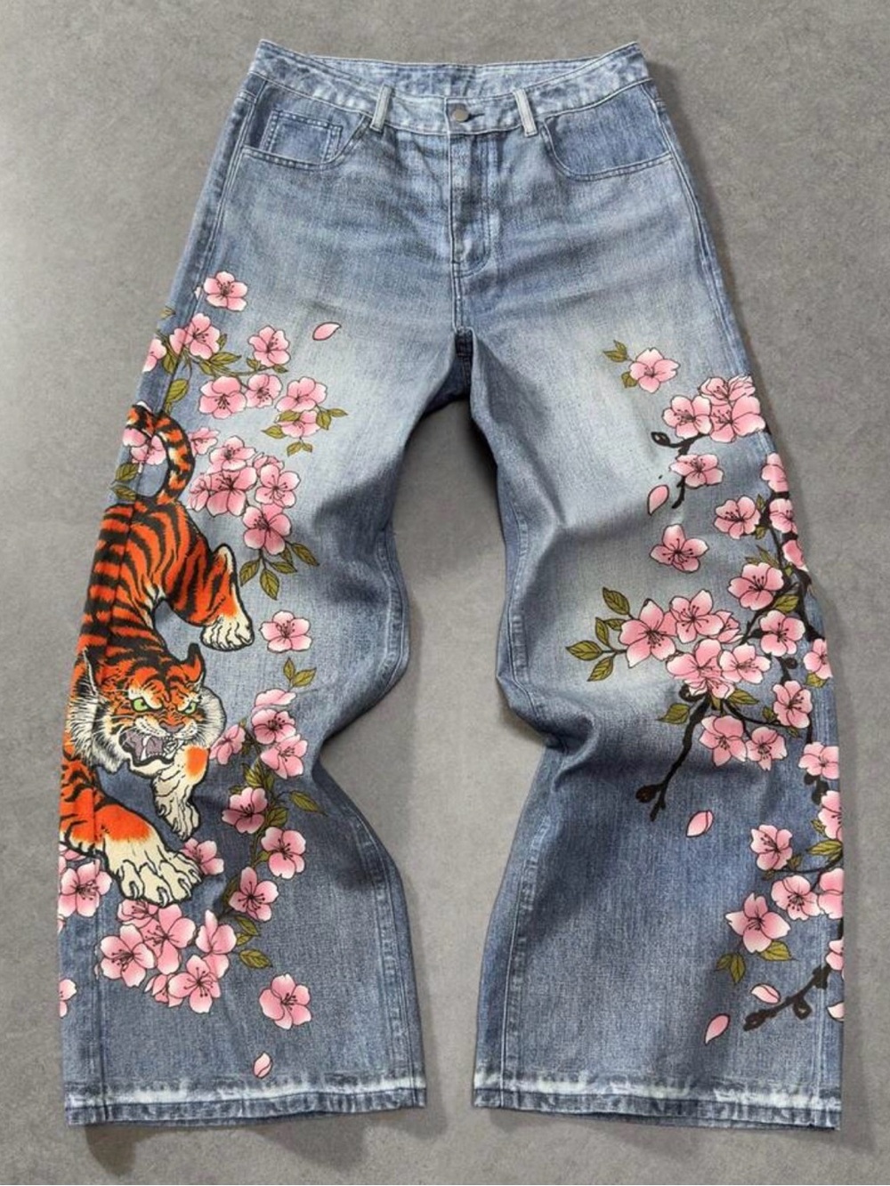 ROMWE Light Blue Wide-Leg Jeans with Pink Cherry Blossom & Tiger Print- Size 26